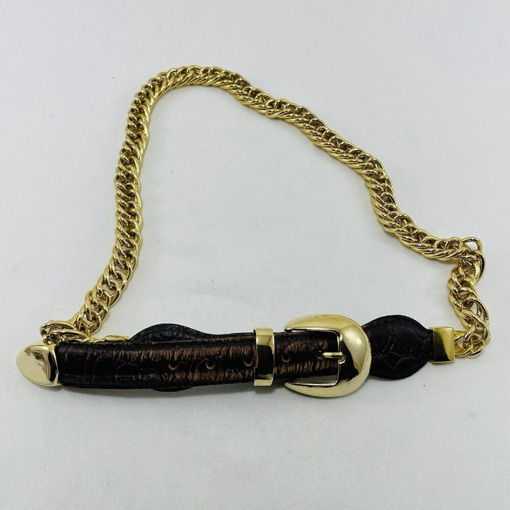JG Hook Leather Belt Chain Gold Yellow Brown Link Size ML Adjustable Retro Y2K